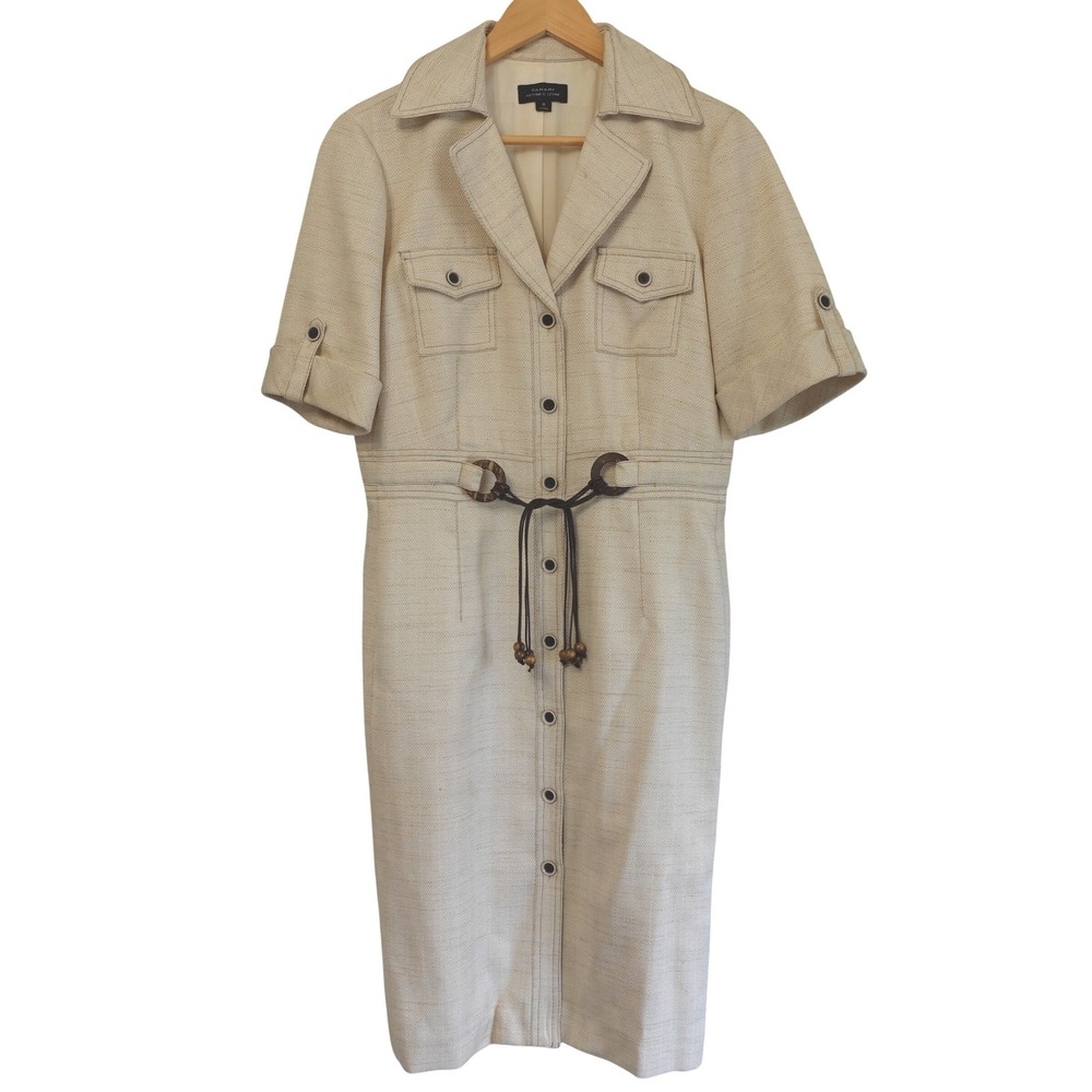 Tahari Beige Tweed Shirt Dress Belted Button Up Womens 8 Neutral Office Career